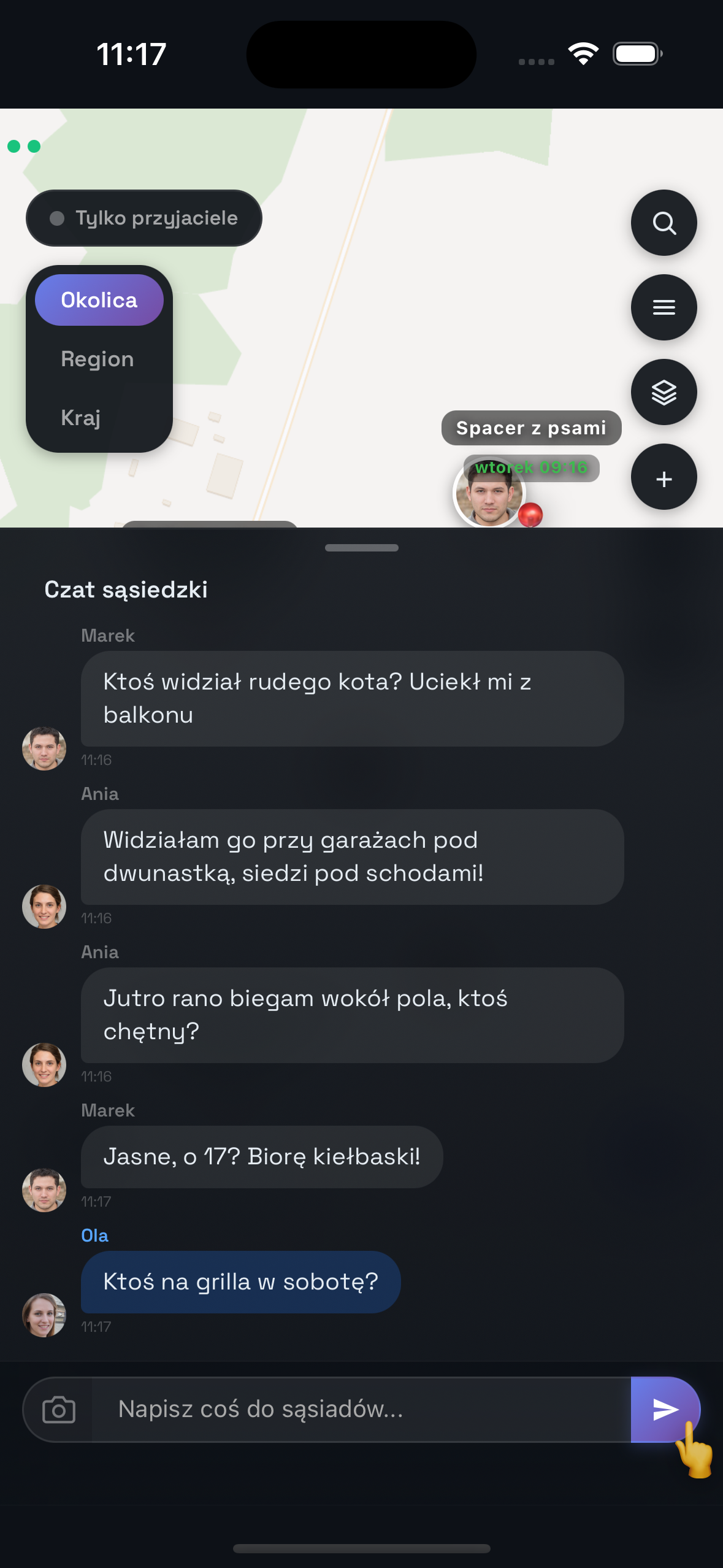 Zrzut ekranu: czat sąsiedzki w aplikacji Pole