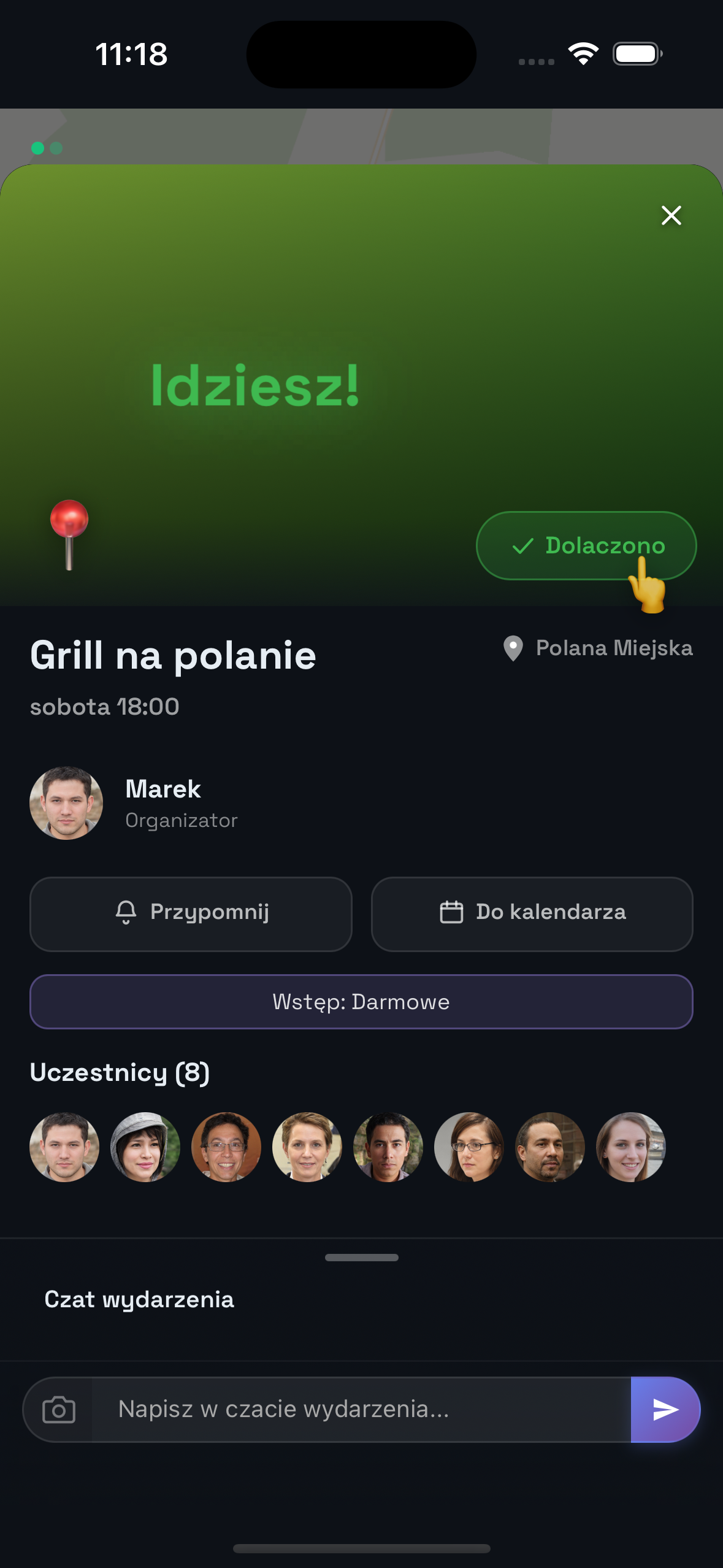Zrzut ekranu: karta wydarzenia z przyciskiem Dołącz