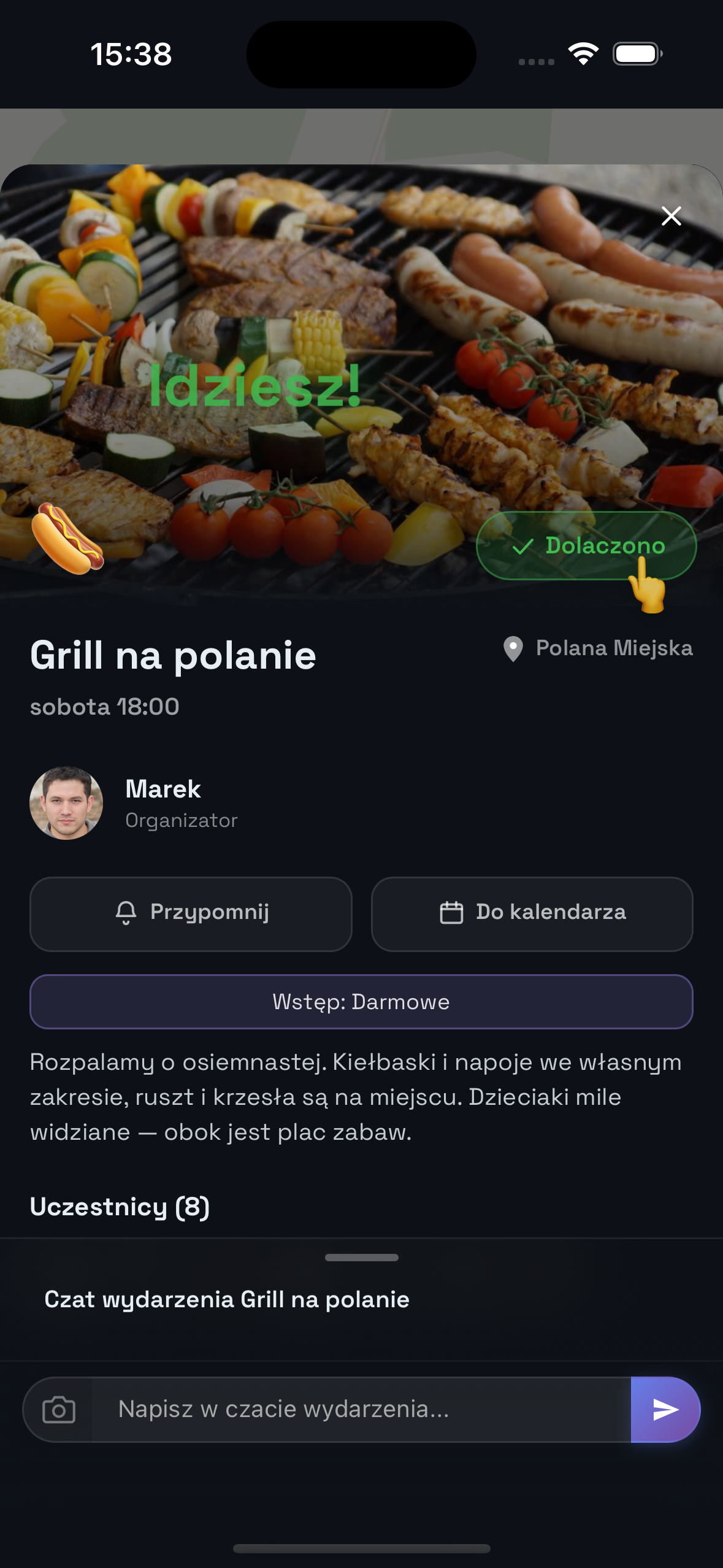 Zrzut ekranu: karta wydarzenia z przyciskiem Dołącz