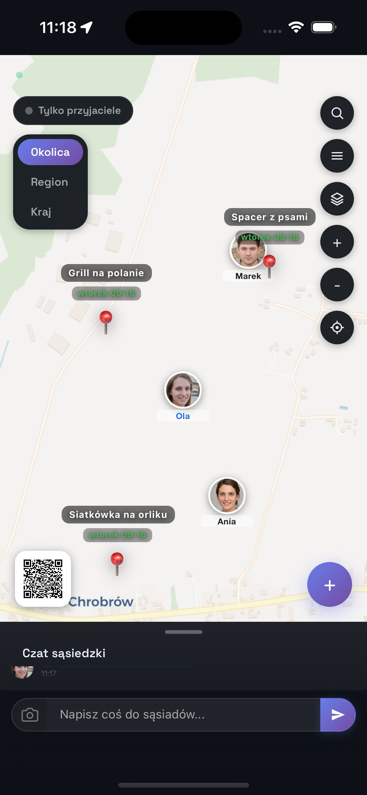 Zrzut ekranu: mapa okolicy z pinezkami w aplikacji Pole