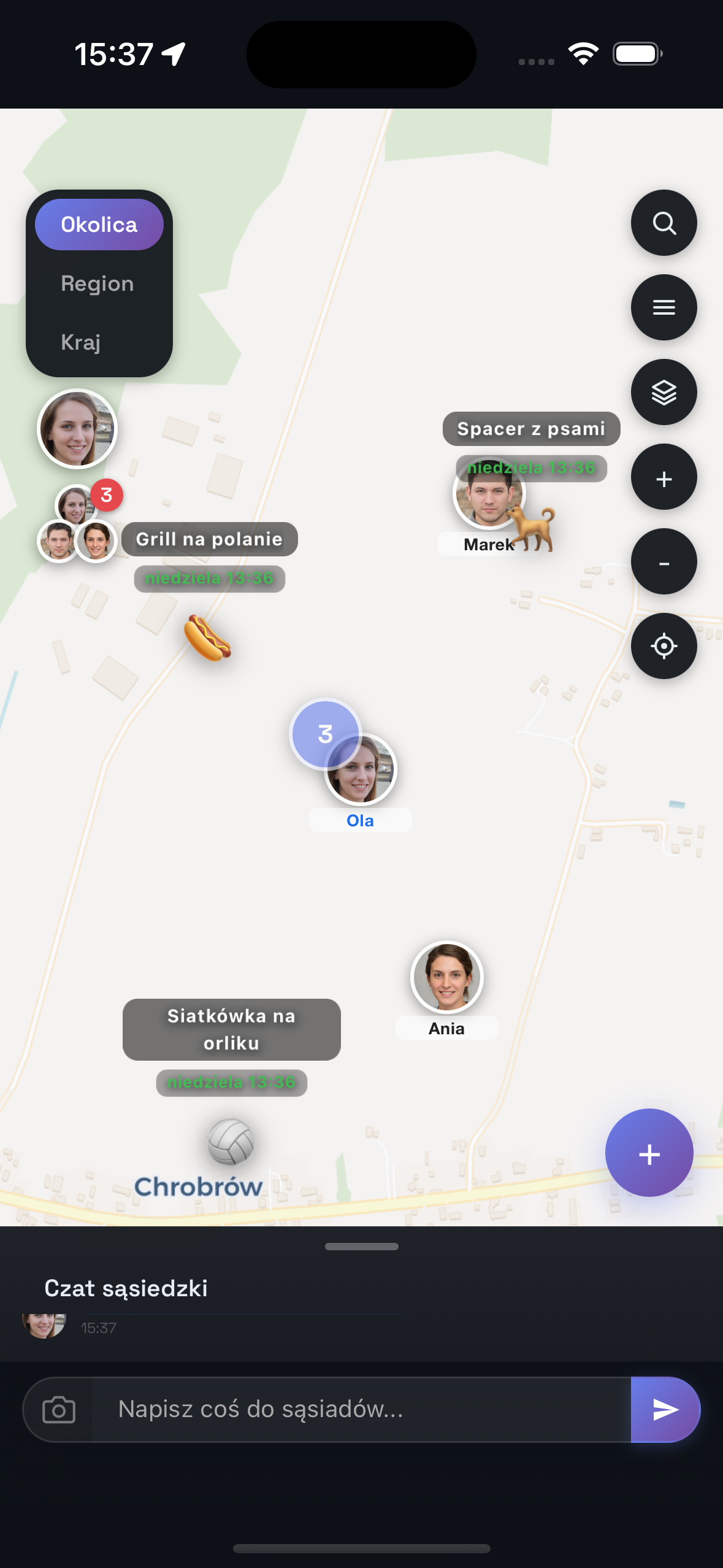 Zrzut ekranu: mapa okolicy z pinezkami w aplikacji Pole